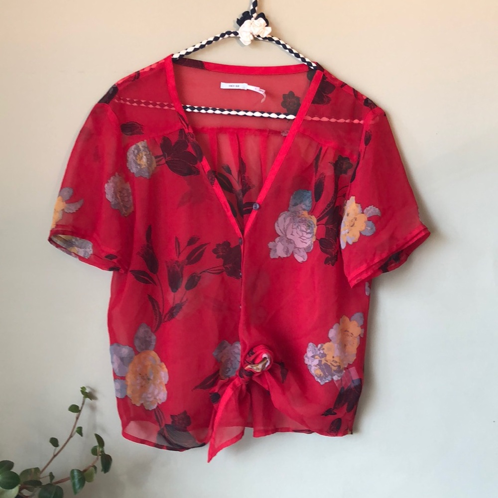 UO / Kimchi Blue / sheer red tie front blouse